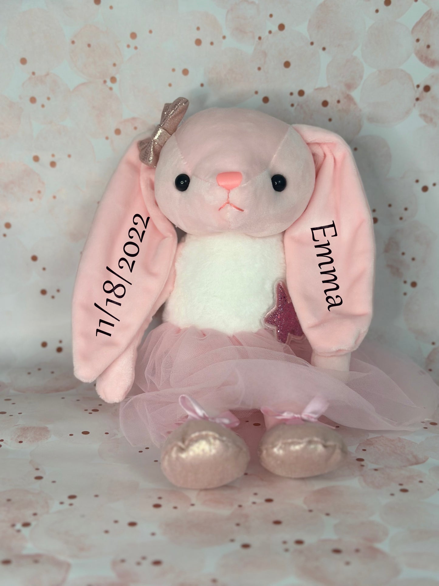 Lunibi custom plush doll in pink dress with peronalized name
