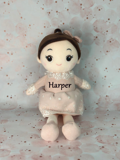 Lulaa plush doll in pink dress with custom name tag