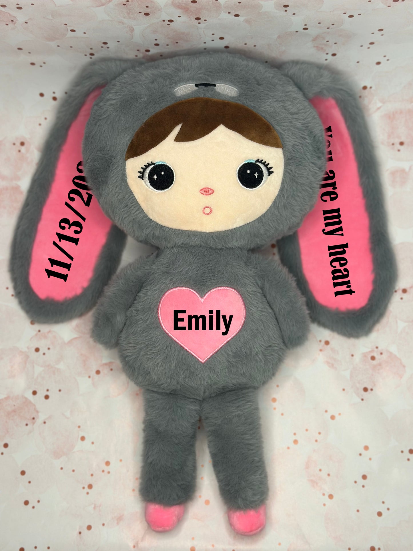 Rosie pink bunny plush toy with heart patch – custom name embroidery