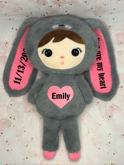 Rosie pink bunny plush toy with heart patch – custom name embroidery