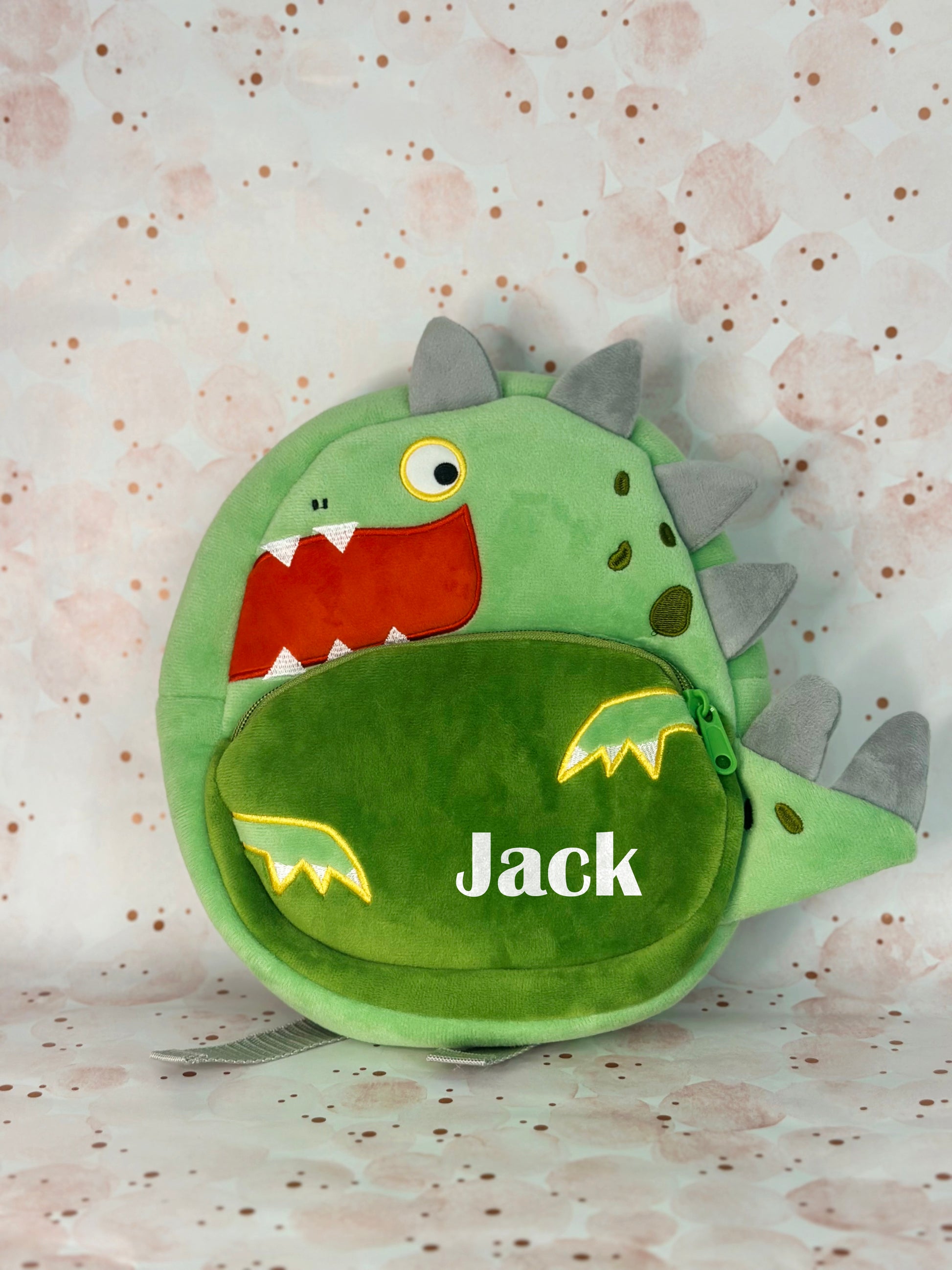 Grizboo Green dinosaur-shaped backpack with Custom name