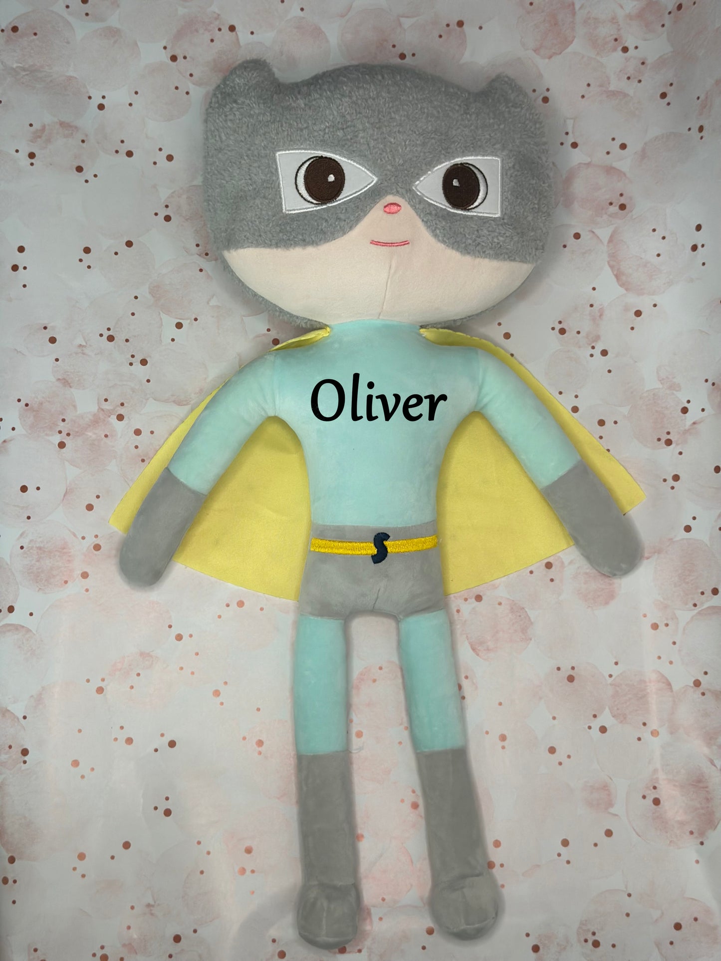Neo personalized superhero plush doll with mask and custom embroidered name