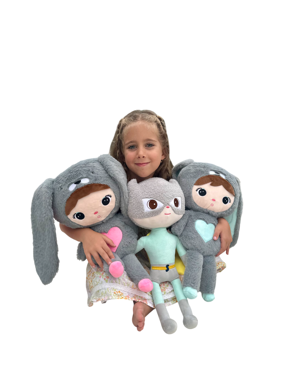 Zoe with plushes